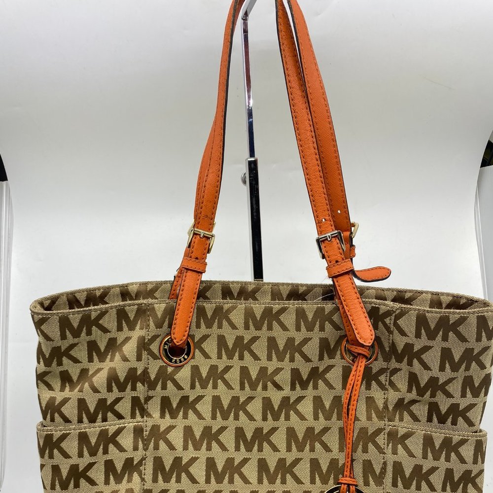 Michael Kors L Tan Orange Jacquard Fabric Tote - Picture 2 of 12
